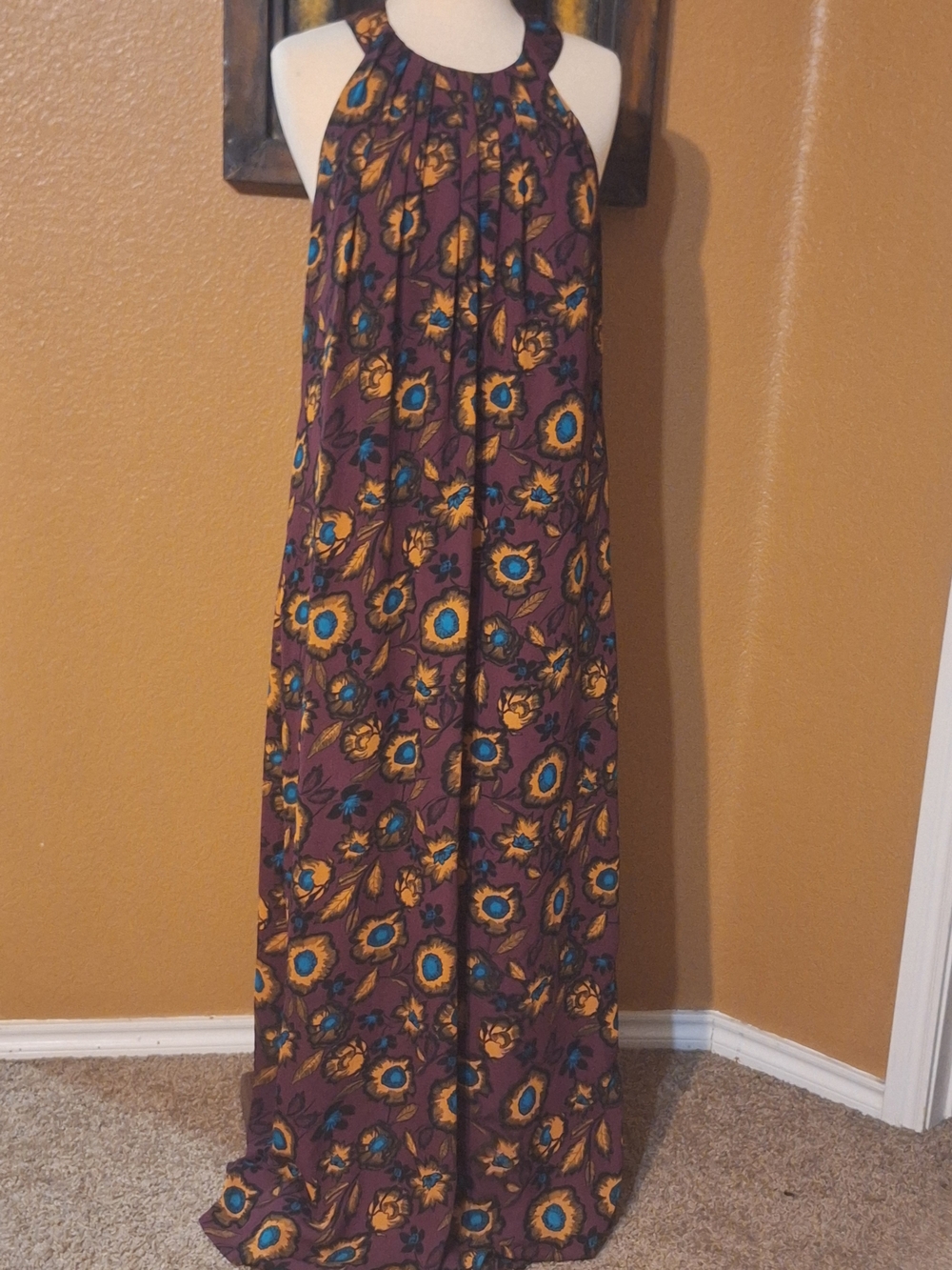 Women’s Floral Maxi Dress in Plum with Blue & Golden Accents